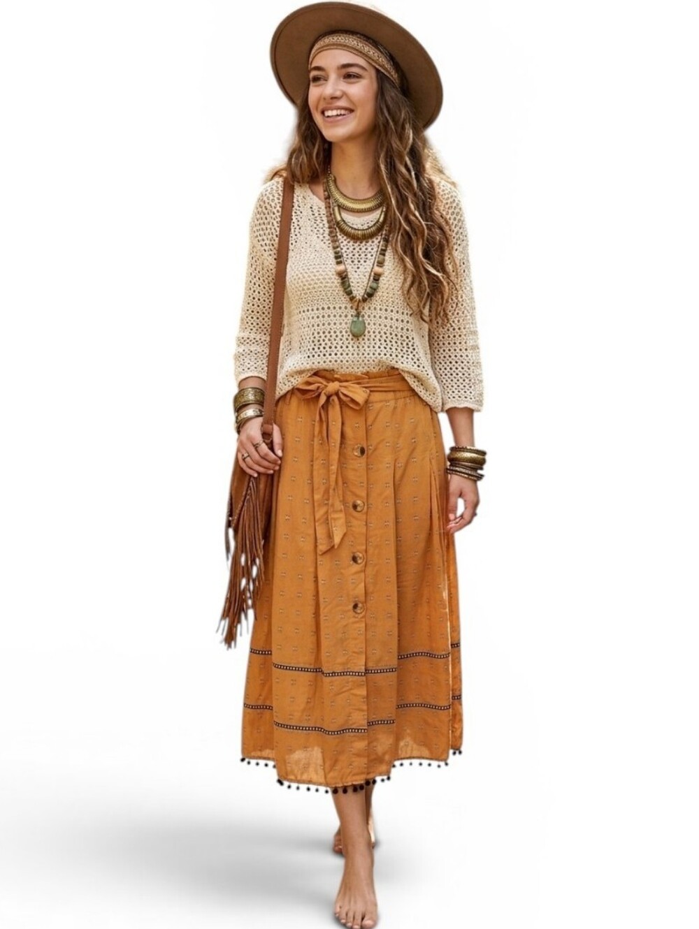 Boho Button Front Midi Skirt Pom Pom Trim Ochre Ikat Geometric Elastic Waist